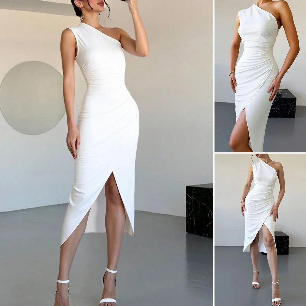 Rafiah Boutique Women's Dresses Summer French Elegant Fitting Slim Chic Side Slit Wrap Sleeveless One-Shoulder Party Dresses