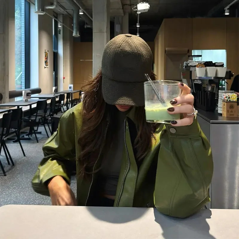 Fashion Green PU Leather Jacket Women Laple Zipper Loose Full Sleeve Single Breasted Cropped Coat 2024 New Lady Solid Streetwear