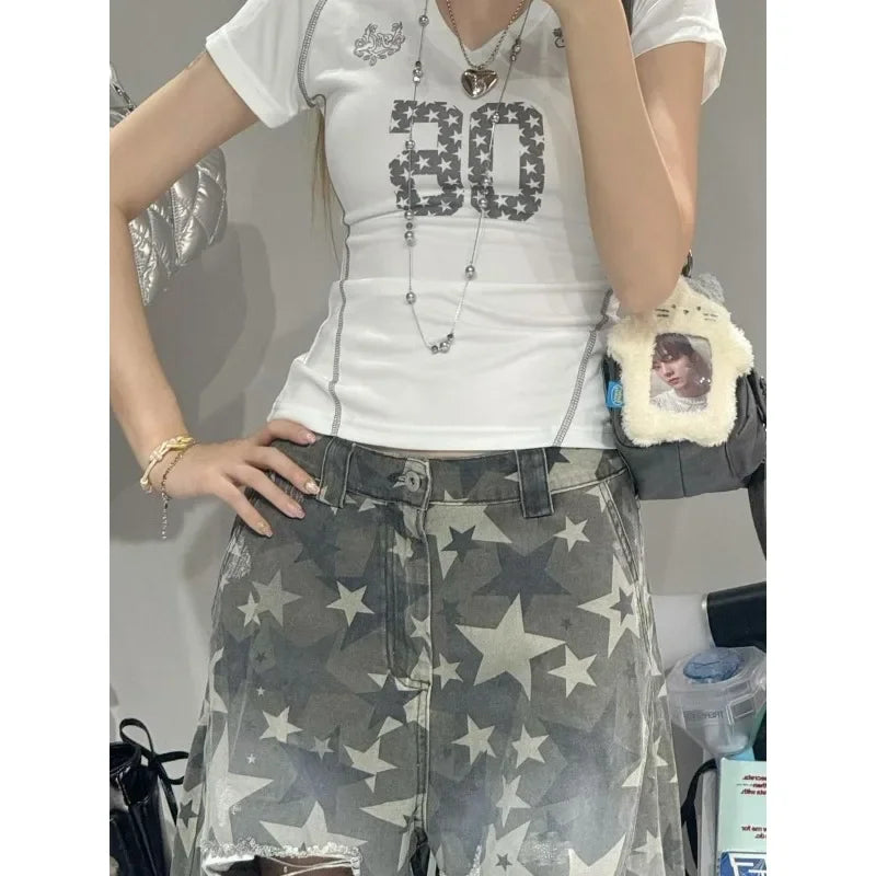 Women's Star Hole American Y2k Washed Distressed Jeans Retro Camouflage Oversized Trend Street Loose Slimming Wide Leg Pants