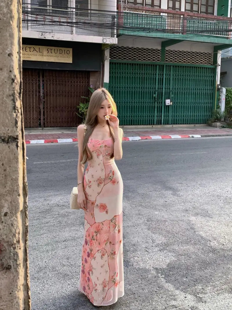 Summer Floral  Boho Dress Women Sleeveless Slim Fit Party Midi Dress  Mesh Patchwork Long Bodycon Elegant Beach Holiday Dress