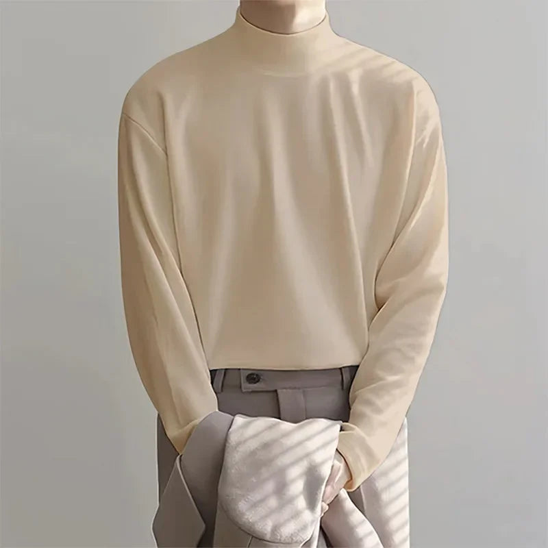 Men's Versatile Warm Flannel Double-Sided Inner Layer Top Half Polo/Turtle Neck Solid Color Long Sleeve Casual Spring Autumn