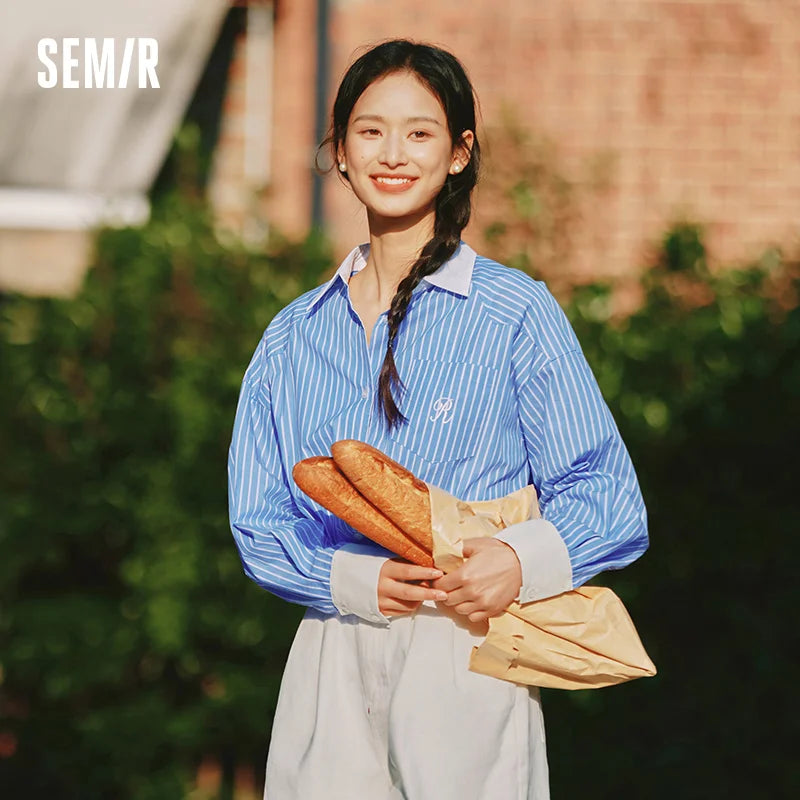 Semir Long Sleeve Shirt Women Mid-long Style Striped Pure Cotton 2025 New Spring Embroidery Oversize Blouse for Commuting