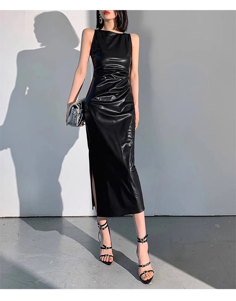 Lautaro Spring Autumn Sleeveless Backless Black Stretchy Blue Soft Faux Leather Midi Tank Dress Women Slim Fit Long Dresses 2023