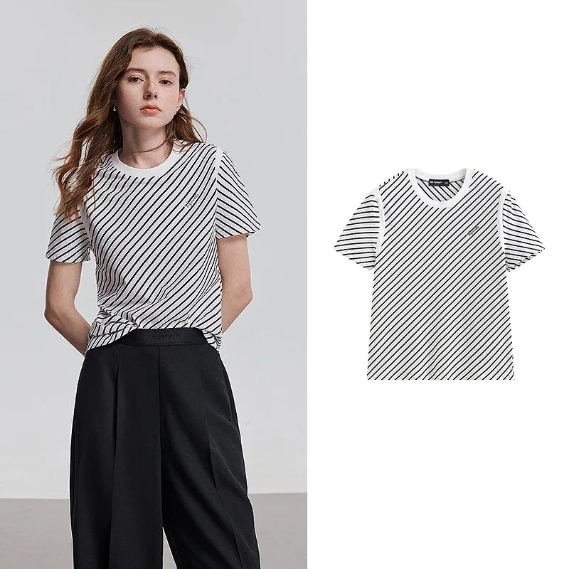 TOYOUTH Women Short Sleeve Striped T shirt 2025 Spring New Tops 8521021