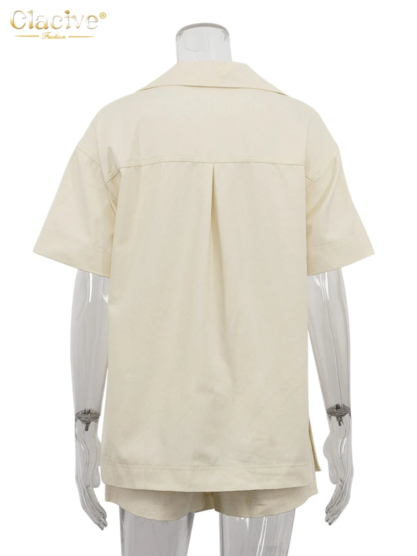 Clacive Fashion Loose Beige Cotton Women's Two Pieces Set Summer Short Sleeve Shirt With High Waist Shorts Set Female Clothing